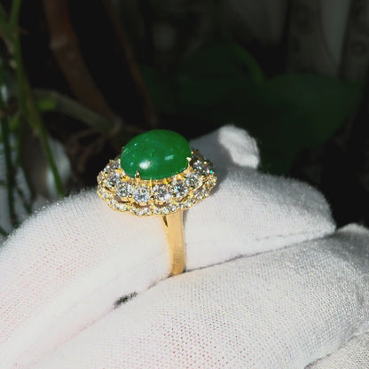 Yokote MADE IN JAPAN 6.29 cts. Certified Bright Imperial Green Burmese A-Jadeite Ring (with 18K Yellow Gold and White Diamonds) Size US7 - R28