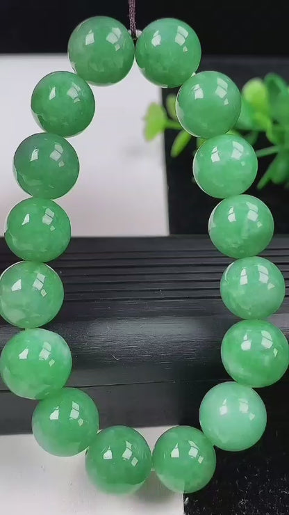 Certified Japanese Bright Green Burmese A-Jade Beaded Bracelet (MADE IN JAPAN) (12.50 - 13.00 mm Each x 16 beads) 05051