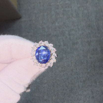 Aomori MADE IN JAPAN Certified Oval Shaped 4.432 cts. No Heat Burmese Natural Deep Blue Sapphire Ring with 18K White Gold and White Diamonds Size US 7  - R29