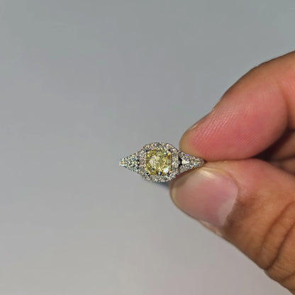 Kami 1.02 cts. Natural Cushion Fancy Light Yellow Diamond Halo Ring with Natural Round White VVS Diamonds Halo and 18K White Gold - GIA Certified - R9