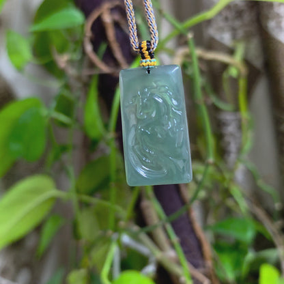 Iwakura Carved Horse Icy Blue Green Burmese A-Jadeite Pendant - Certified