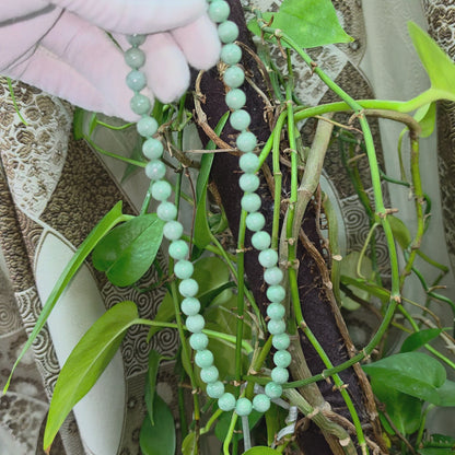Winter Green Burmese A-Jade Beaded Long Necklace - 17.80 inches (9mm Each x 46 Beads) with Sterling Silver 925 - 10014