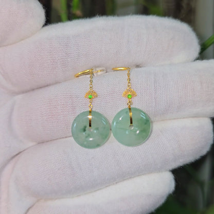 Gamagori Dangling Donut Icy Green Burmese A-Jade French Hook Earrings (with 18K Yellow Gold) - Certified