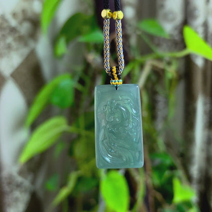 Iwakura Carved Horse Icy Blue Green Burmese A-Jadeite Pendant - Certified