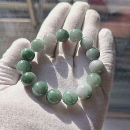 Certified Japanese Green Burmese A-Jade Beaded Bracelet (MADE IN JAPAN) (14 mm Each x 15 beads) 05042