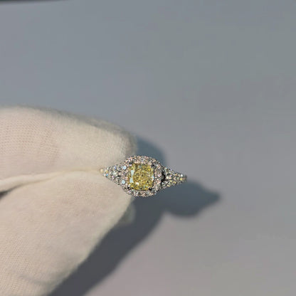 Kami 1.02 cts. Natural Cushion Fancy Light Yellow Diamond Halo Ring with Natural Round White VVS Diamonds Halo and 18K White Gold - GIA Certified - R9
