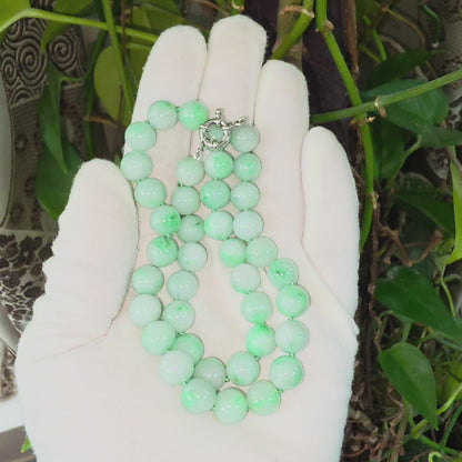 Winter Green Burmese A-Jade Beaded Long Necklace - 18.60 inches (10.50mm Each x 40 Beads) with Sterling Silver 925 - 10016