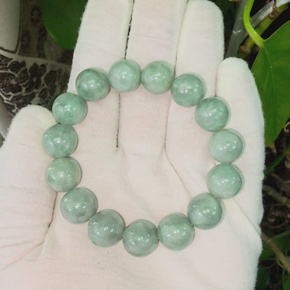 Japanese Winter Green Burmese A-Jade Beaded Bracelet (MADE IN JAPAN) (14.00 - 14.50 mm Each x 15 beads) 05057
