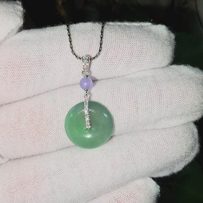 Nisshin Round Icy Green and Lavender Burmese A-Jadeite 16.80 mm Donut Charm Pendant (with 18K White Gold and White Diamonds) - Certified