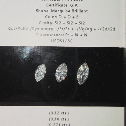 GIA Certified 0.89 cts. Natural D/E SI2 Marquise Diamond 3 Loose Stones Jewelry Set JS010