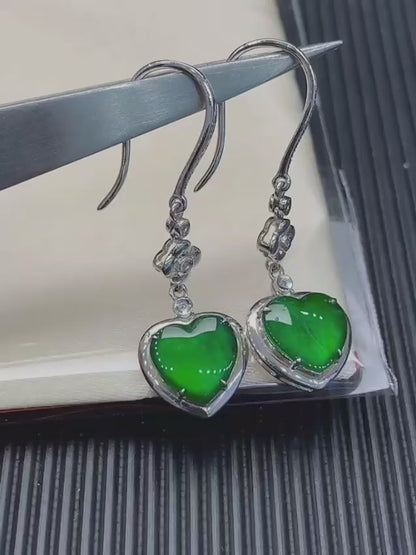 Tokai Dangling Hearts Intense Imperial Green Burmese A-Jade French Hook Earrings (with 18K White Gold and White Diamonds) - Certified