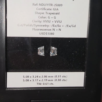 GIA Certified 0.61 cts. Natural G VVS2 Trapezoid Diamond Matched Pair Loose Stones Jewelry Set JS009