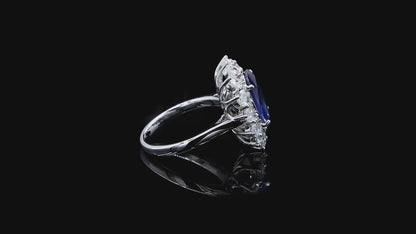 Aomori MADE IN JAPAN Certified Oval Shaped 4.432 cts. No Heat Burmese Natural Deep Blue Sapphire Ring with 18K White Gold and White Diamonds Size US 7  - R29