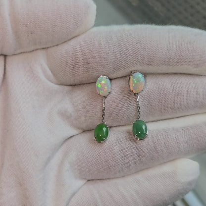 Opade Elegance Burmese A-Jadeite and Australian Opal Drop and Dangle Earrings with 14K White Gold - Certified V1