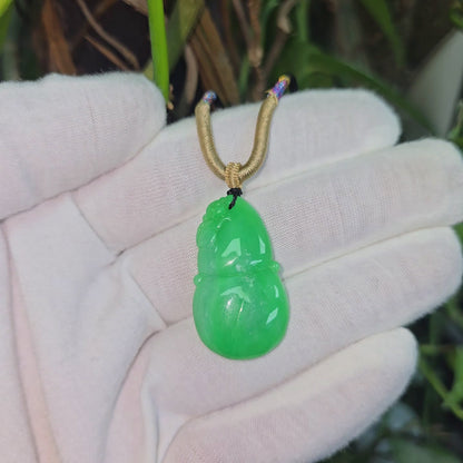 Buddha Double Gourd Vivid-Imperial Green Burmese A-Jadeite Pendant - V1 - Certified