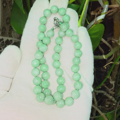 Winter Green Burmese A-Jade Beaded Long Necklace - 18.20 inches (9mm Each x 47 Beads) with Sterling Silver 925 - 10015