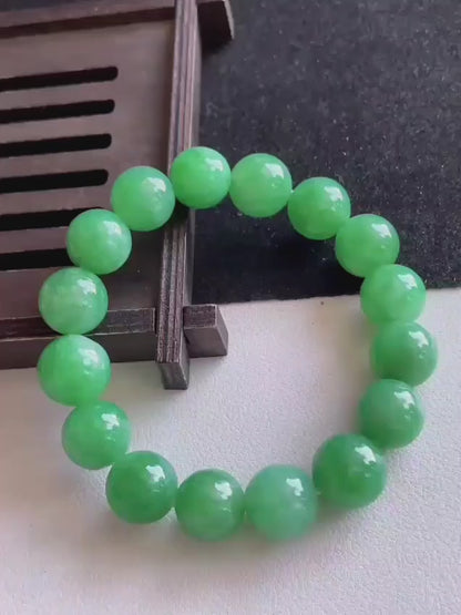 Certified Japanese Bright Green Burmese A-Jade Beaded Bracelet (MADE IN JAPAN) (12.50 - 13.00 mm Each x 16 beads) 05051