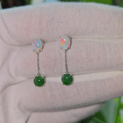 Opade Elegance Burmese A-Jadeite and Australian Opal Drop and Dangle Earrings with 14K White Gold - Certified V2