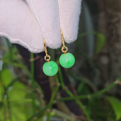Komaki 10.50 mm Dangling Beads Vivid Green Burmese A-Jade French Hook Earrings (with 18K Yellow Gold and White Diamonds) - Certified