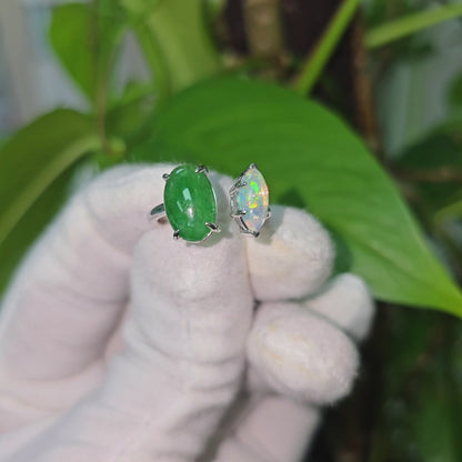 Opade Elegance Burmese A-Jadeite and Australian Opal Toi et Moi Ring Size US 7 with 14K White Gold - Certified V1