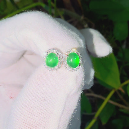 Eternal Sunshine 1.91 cts. Vivid Imperial Green Burmese A-Jade Stud Earrings (with 18K White Gold and White Diamonds) - Certified - V8