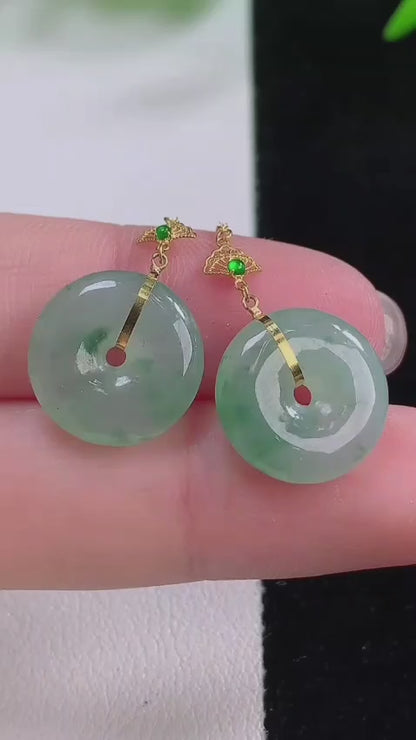 Gamagori Dangling Donut Icy Green Burmese A-Jade French Hook Earrings (with 18K Yellow Gold) - Certified