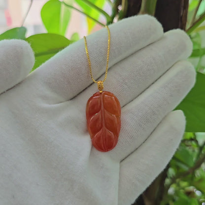 Aka Fuji Leaf (MADE IN JAPAN) Burmese Red A-Jadeite Charm Pendant (with 18K Yellow Gold) - Certified
