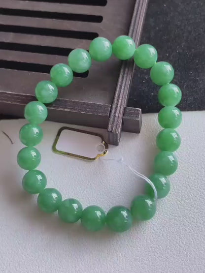 Certified Japanese Vivid Imperial Green Burmese A-Jade Beaded Bracelet (MADE IN JAPAN) (9.50 mm Each x 21 beads) 05050