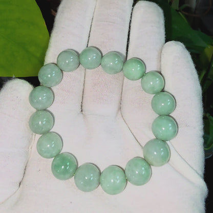 Japanese Winter Green Burmese A-Jade Beaded Bracelet (MADE IN JAPAN) (12.00 - 12.50 mm Each x 16 beads) 05052