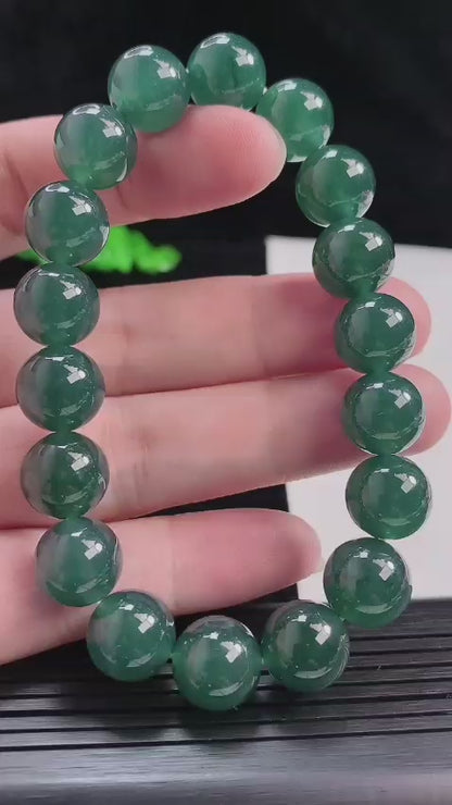 Certified Japanese Intense Deep Green Burmese A-Jade Beaded Bracelet (MADE IN JAPAN) (12 mm Each x 18 beads) 05065