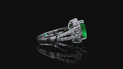 Handa MADE IN JAPAN Certified 2.34 cts. Minor Oil Vivid Green Columbian Emerald Ring with Platinum 900 and White Diamonds Size US6  - R14