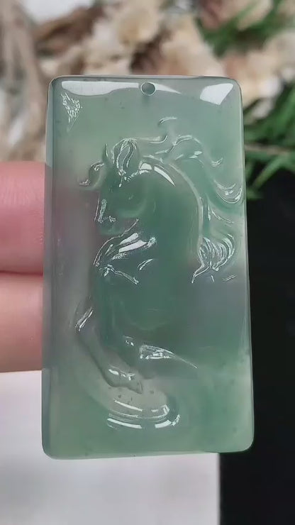 Iwakura Carved Horse Icy Blue Green Burmese A-Jadeite Pendant - Certified