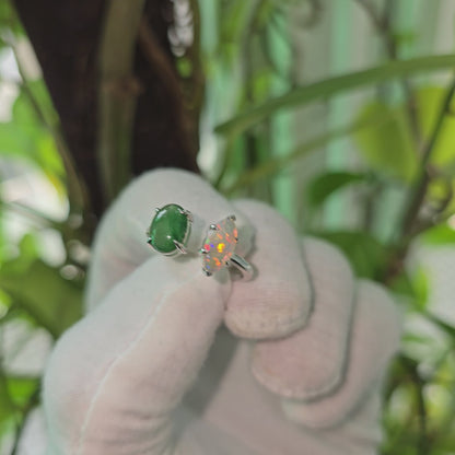 Opade Elegance Burmese A-Jadeite and Australian Opal Toi et Moi Ring Size US 8 with 14K White Gold - Certified V2