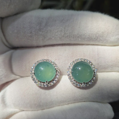 Eternal Sunshine Blue Green Burmese A-Jade Stud Earrings with Diamond Halo and 18K White Gold - Certified - V3