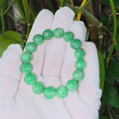 Certified Japanese Bright Green Burmese A-Jade Beaded Bracelet (MADE IN JAPAN) (12 mm Each x 16 beads) 05063