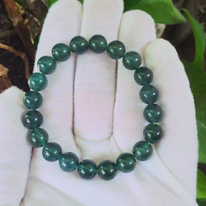 Certified Japanese Intense Deep Green Burmese A-Jade Beaded Bracelet (MADE IN JAPAN) (9.80 mm Each x 20 beads) 05069