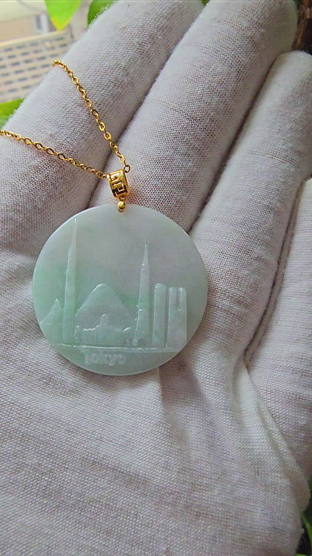 Iconic Skyline of Tokyo Burmese A-Jade Pendant (with 18K Yellow