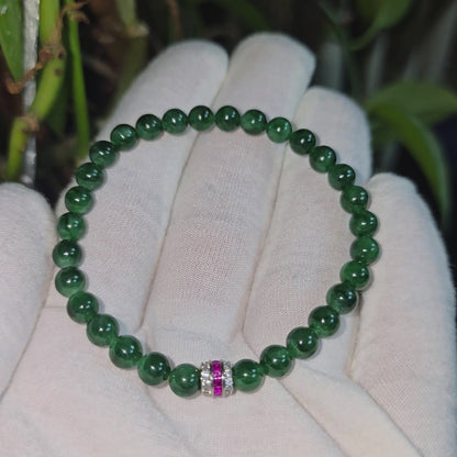 Certified Japanese Deep Apple Green Burmese A-Jade Beaded Bracelet (MADE IN JAPAN) (6 mm Each x 30 beads) 05043 (With Sterling Silver 925)