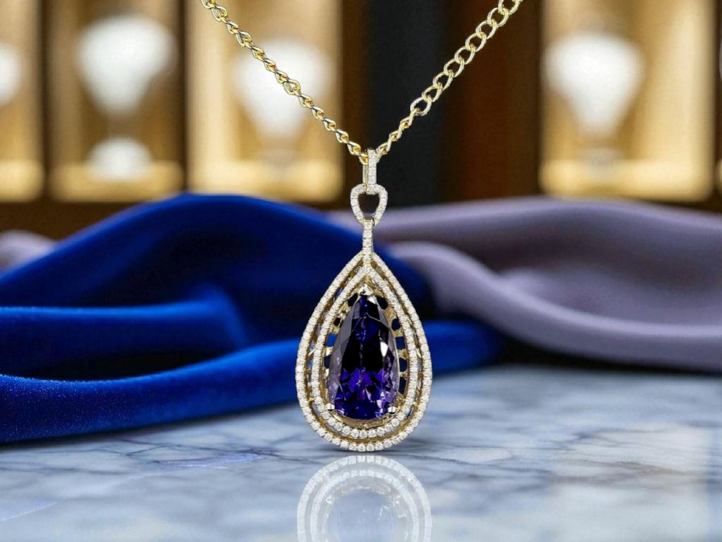 Rho (10.35 cts.) Tanzanite and Natural Diamonds Pendant (with 14K Yellow Gold)- JPA2553