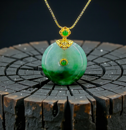 Emperors' Round Burmese A-Jadeite 21.00 mm Donut Pendant (with 18K Yellow Gold) - Certified - V11