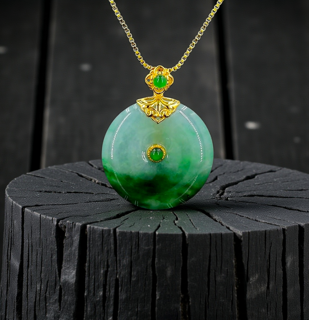 Emperors' Round Burmese A-Jadeite 21.00 mm Donut Pendant (with 18K Yellow Gold) - Certified - V11