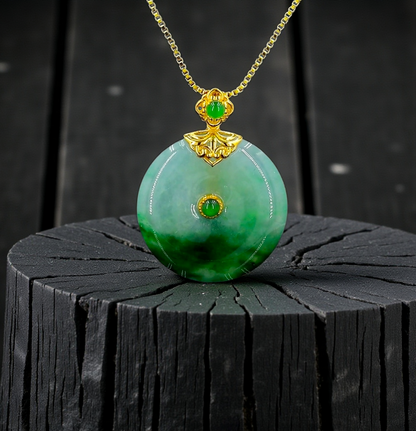 Emperors' Round Burmese A-Jadeite 21.00 mm Donut Pendant (with 18K Yellow Gold) - Certified - V11