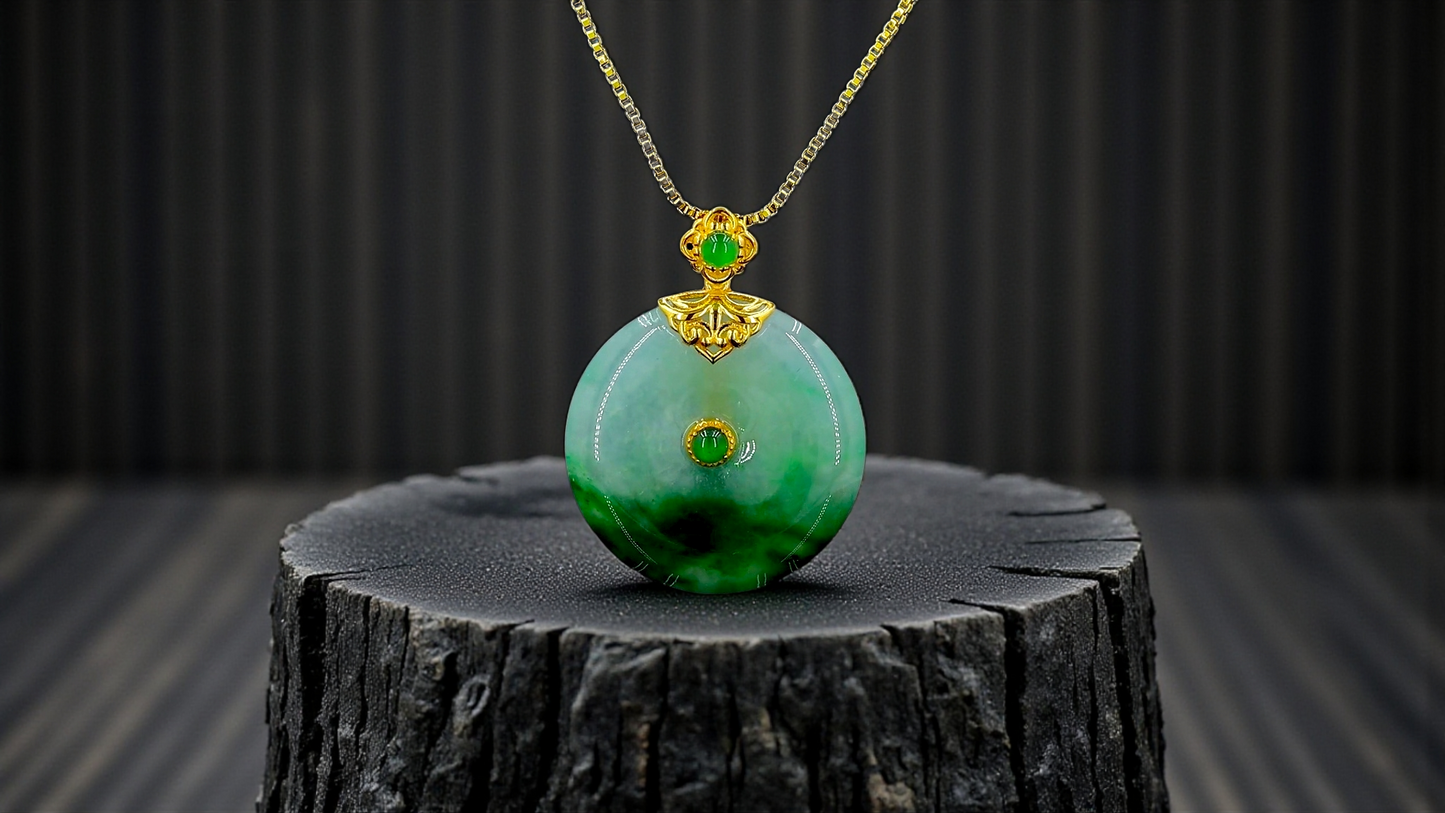 Emperors' Round Burmese A-Jadeite 21.00 mm Donut Pendant (with 18K Yellow Gold) - Certified - V11