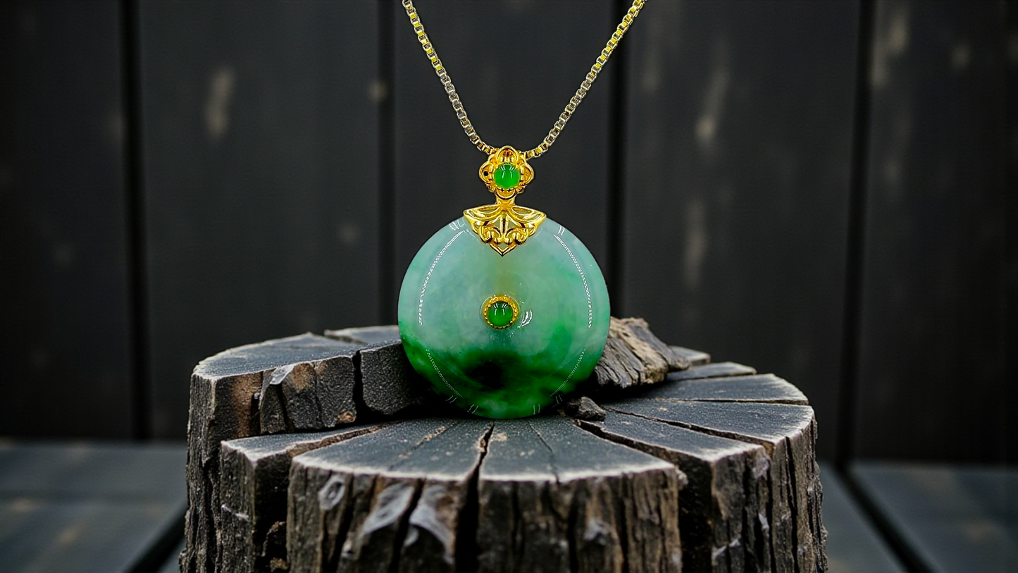 Emperors' Round Burmese A-Jadeite 21.00 mm Donut Pendant (with 18K Yellow Gold) - Certified - V11