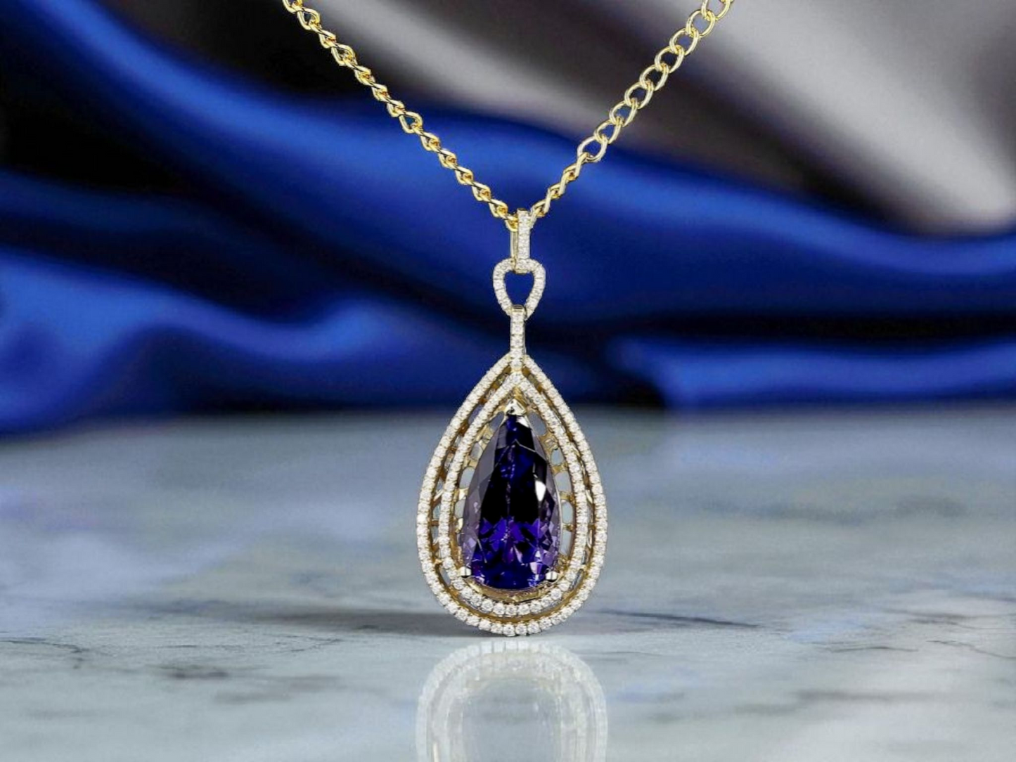 Rho (10.35 cts.) Tanzanite and Natural Diamonds Pendant (with 14K Yellow Gold)- JPA2553