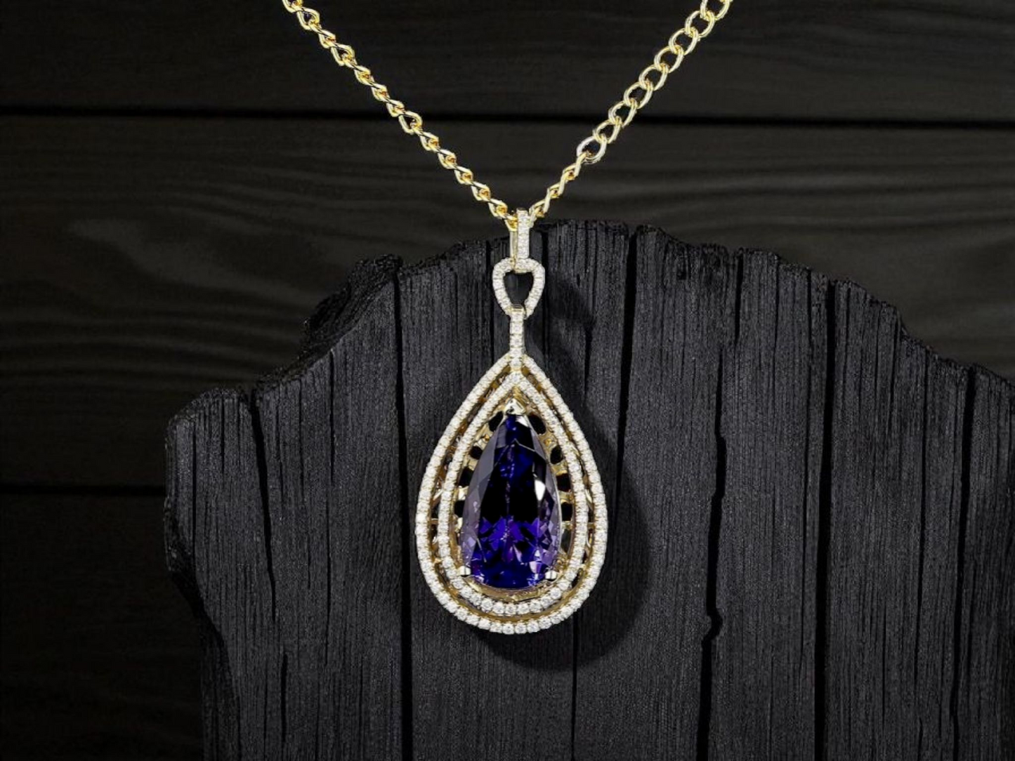 Rho (10.35 cts.) Tanzanite and Natural Diamonds Pendant (with 14K Yellow Gold)- JPA2553