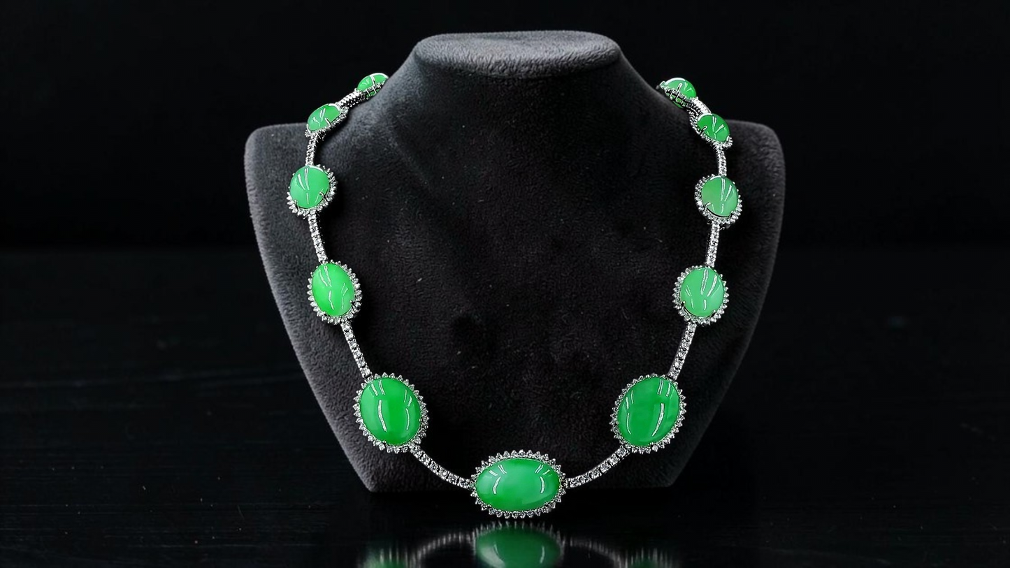 Ginza (MADE IN JAPAN) Burmese A-Jadeite Necklace (with 18K White Gold and White Diamonds) - Certified