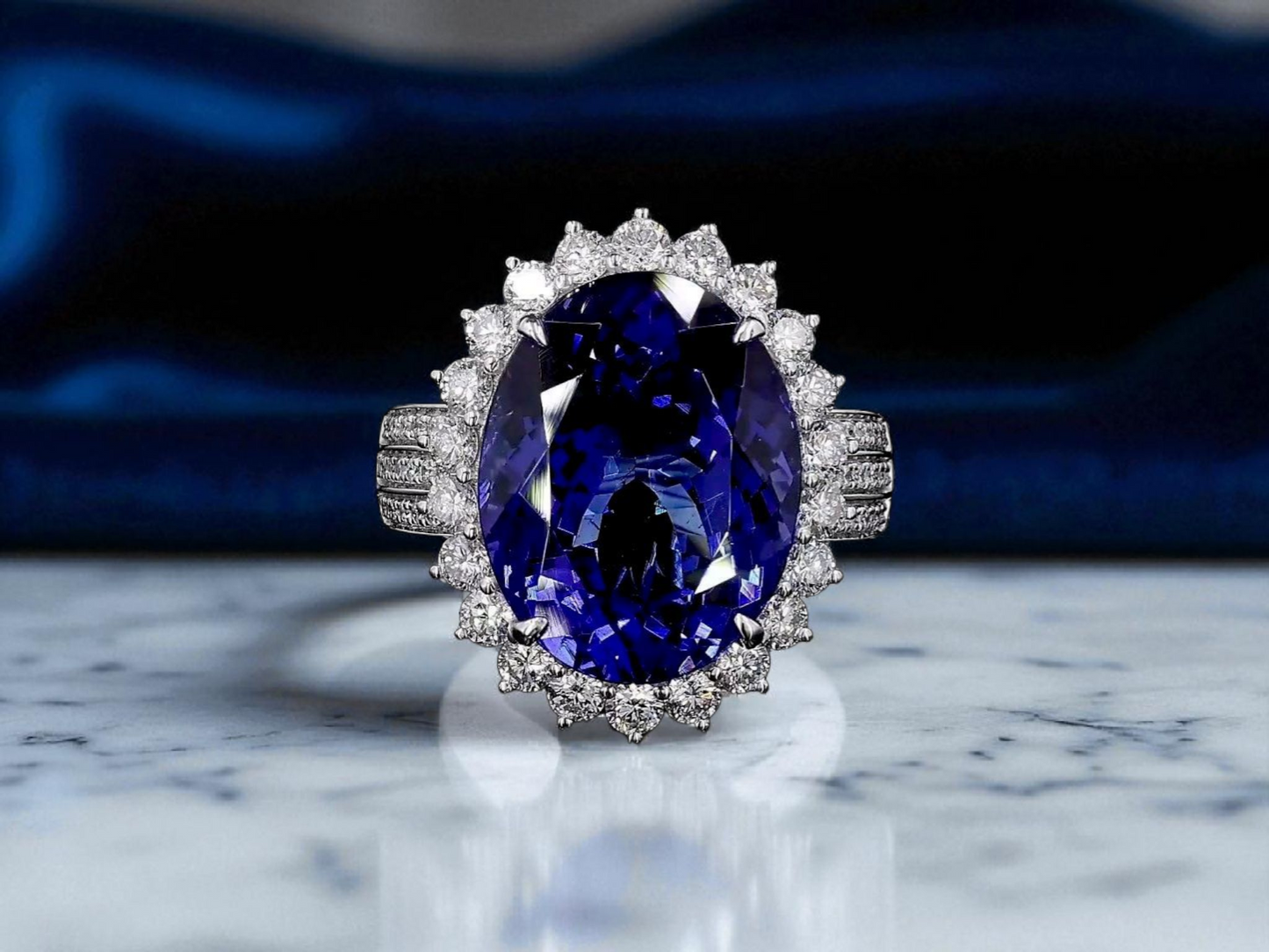 Avellino (13.50 cts.) Tanzanite and Natural Diamonds Ring (with 18K White Gold) -R3955