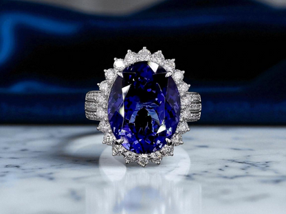 Avellino (13.50 cts.) Tanzanite and Natural Diamonds Ring (with 18K White Gold) -R3955