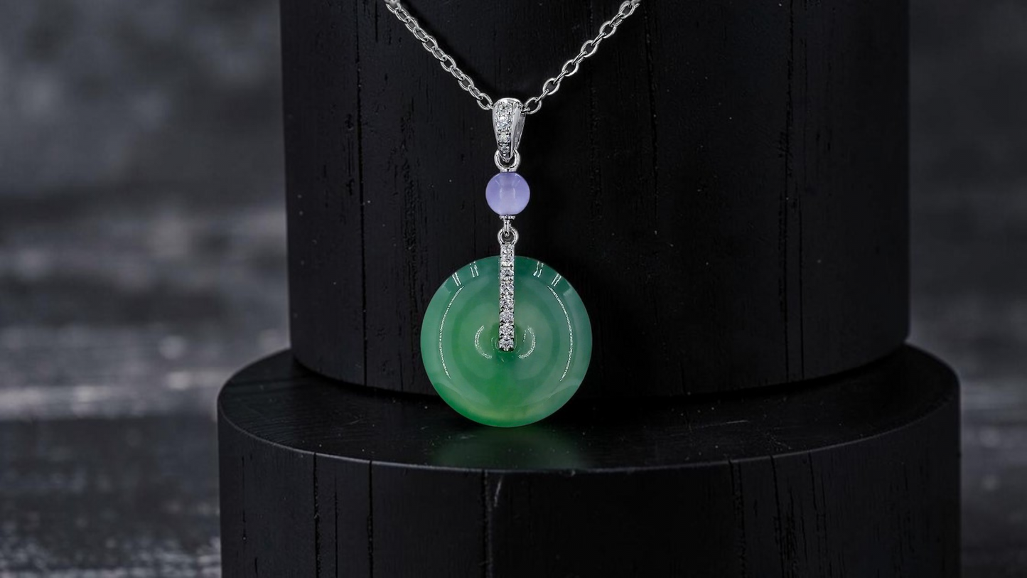 Nisshin Round Icy Green and Lavender Burmese A-Jadeite 16.80 mm Donut Charm Pendant (with 18K White Gold and White Diamonds) - Certified